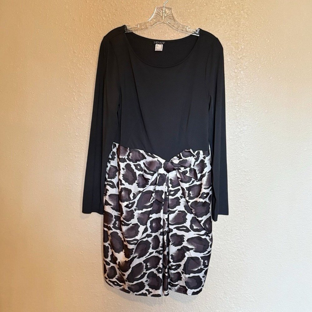 Venus‎ Black and Cheetah Print Faux Wrap Dress Ruching Bow Womens 14